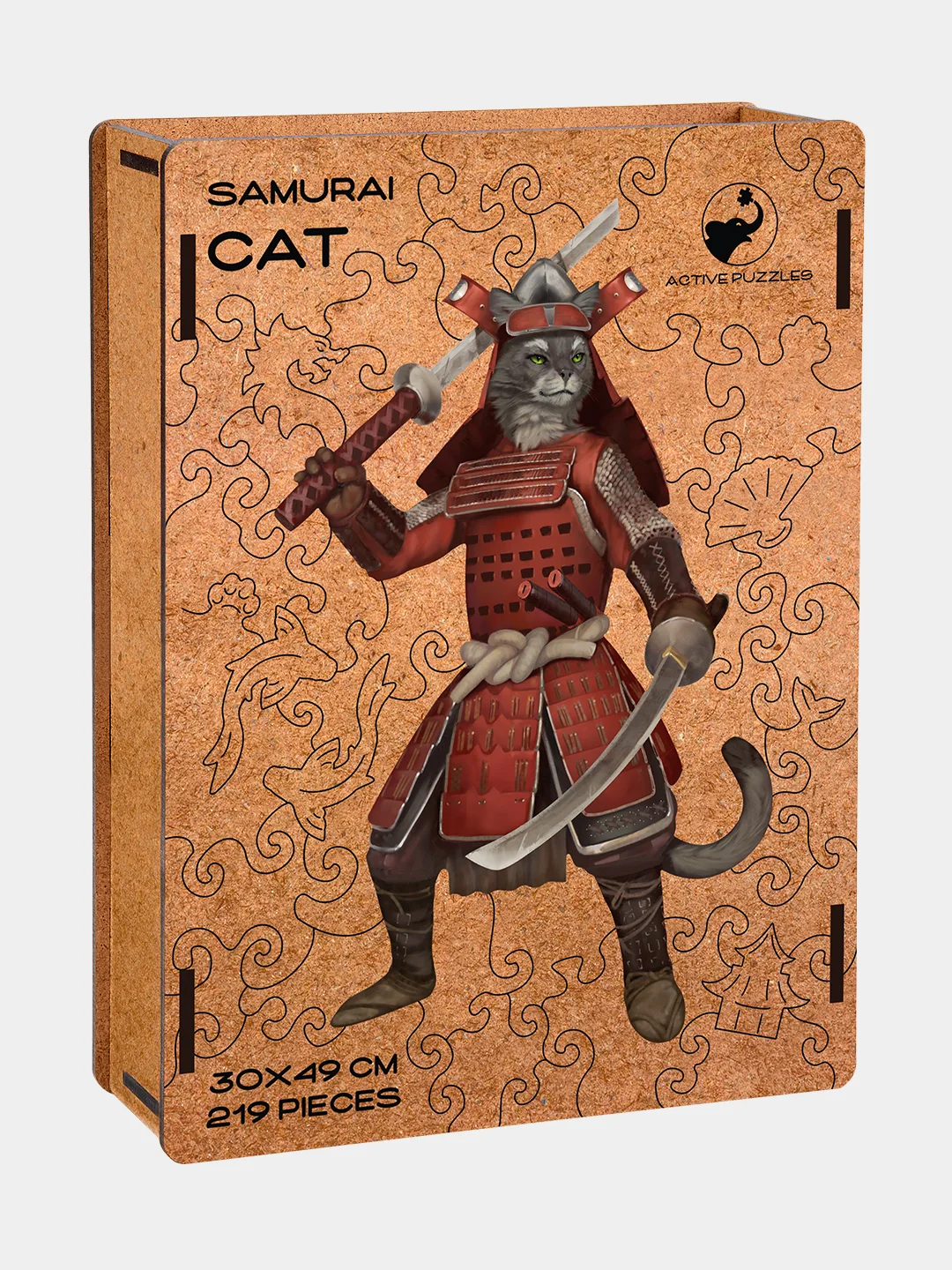Деревянный фигурный пазл Active Puzzles "Кот Самурай", 30х49 см, 219 детали