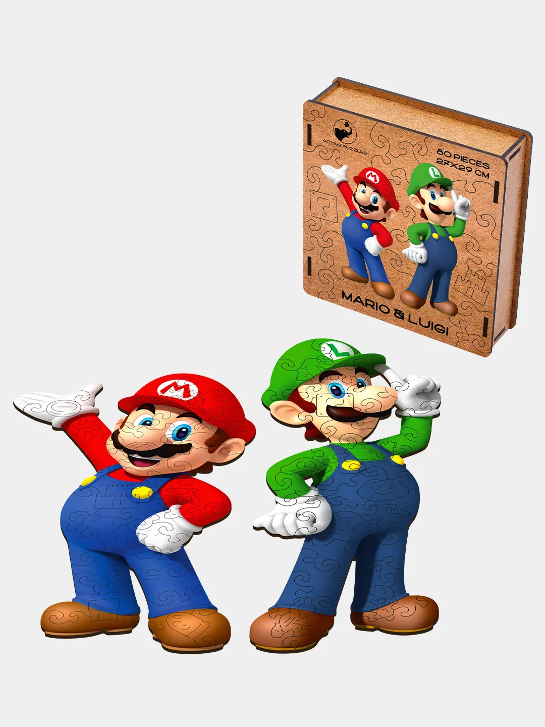Деревянный фигурный пазл Active Puzzles "Марио и Луиджи",27х29 см, 80 деталей