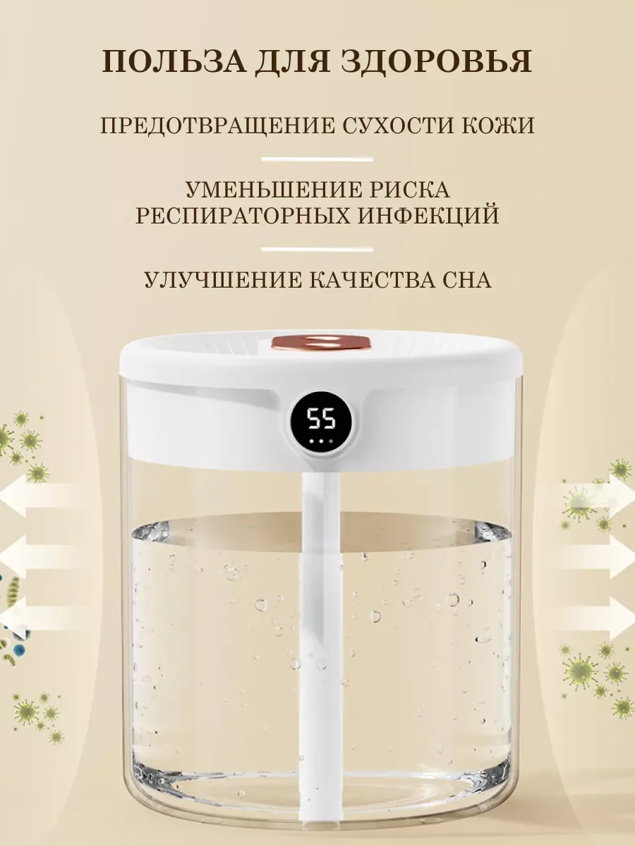 Ультразвуковой увлажнитель воздуха с подсветкой прозрачный настольный для дома и офиса
