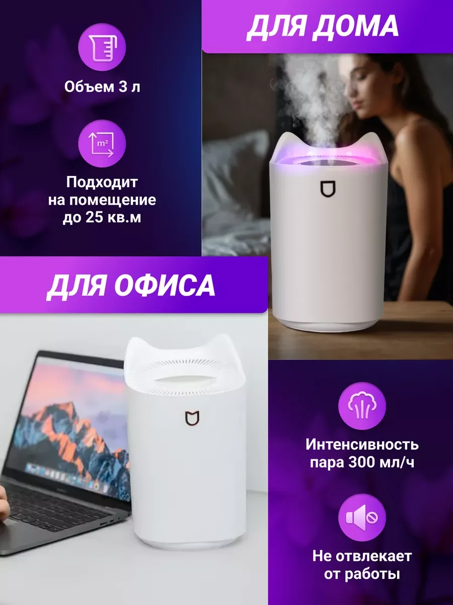 Увлажнитель воздуха котик 3 в 1 ночник с аромадиффузором подсветкой для дома и офиса