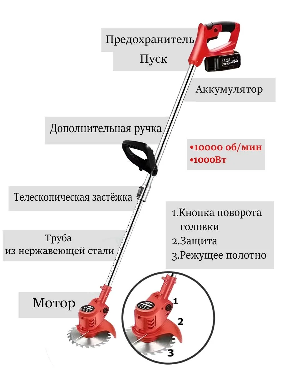 Алый газонокосилка (триммер) аккумуляторная, с 2 аккумуляторами в комплекте