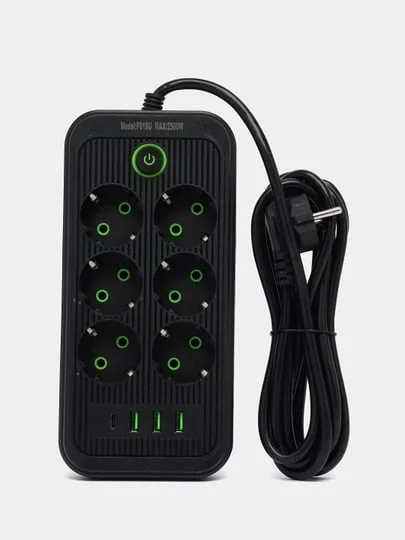 Сетевой фильтр- удлинитель с 6 розетками, 3 USB портами и 1 Type-C