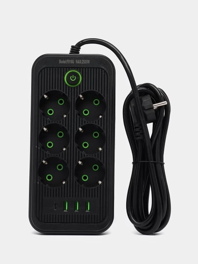 Сетевой фильтр- удлинитель с 6 розетками, 3 USB портами и 1 Type-C