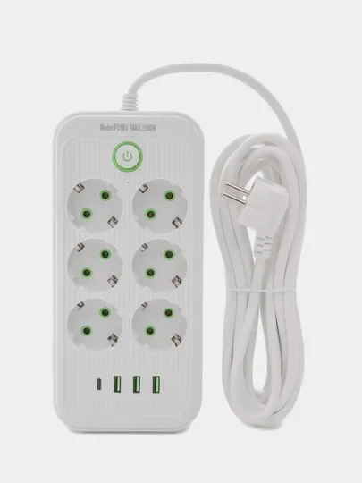 Белый сетевой фильтр- удлинитель с 6 розетками, 3 USB портами и 1 Type-C
