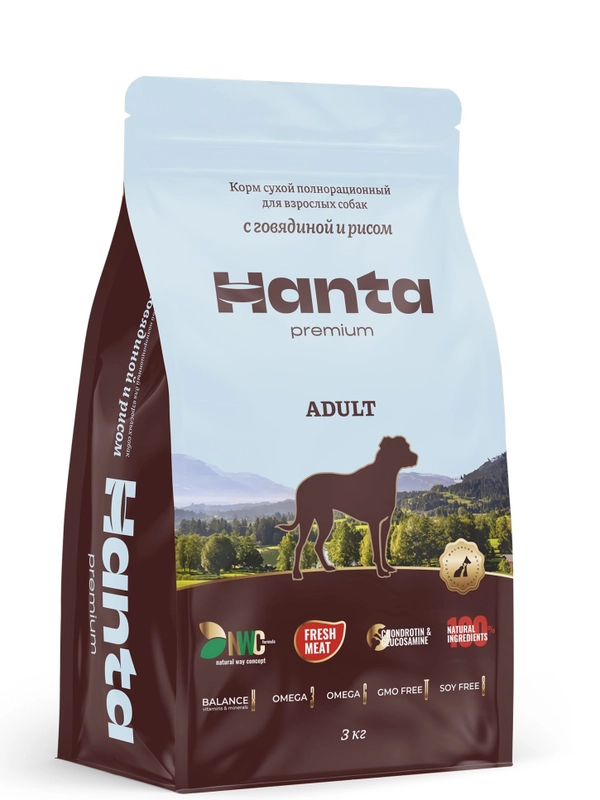 Корм сухой Hanta, для взрослых собак, с говядиной и рисом