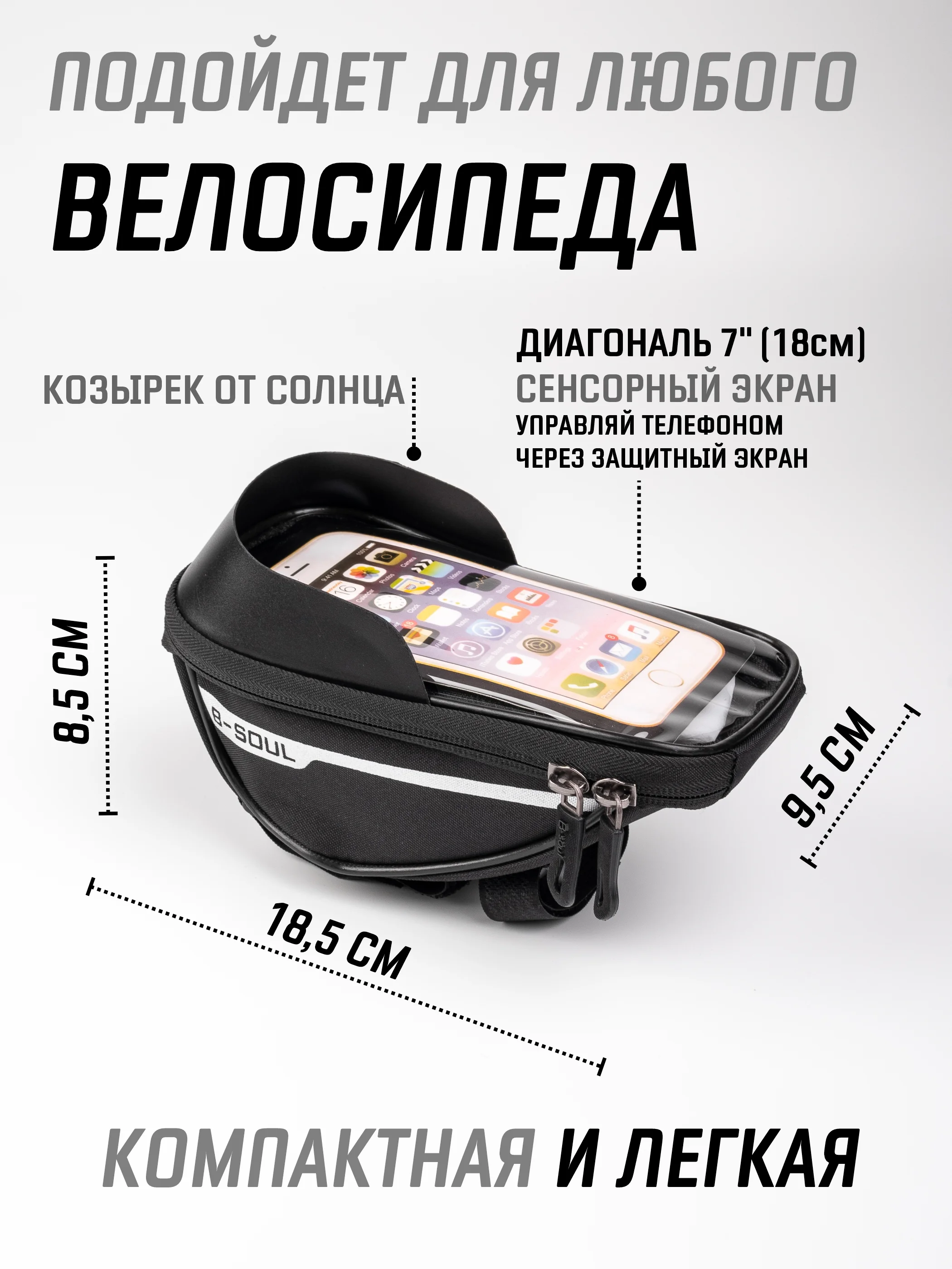 Черный сумка велосипедная на руль под смартфон / велосумка для телефона и аксессуаров на раму
