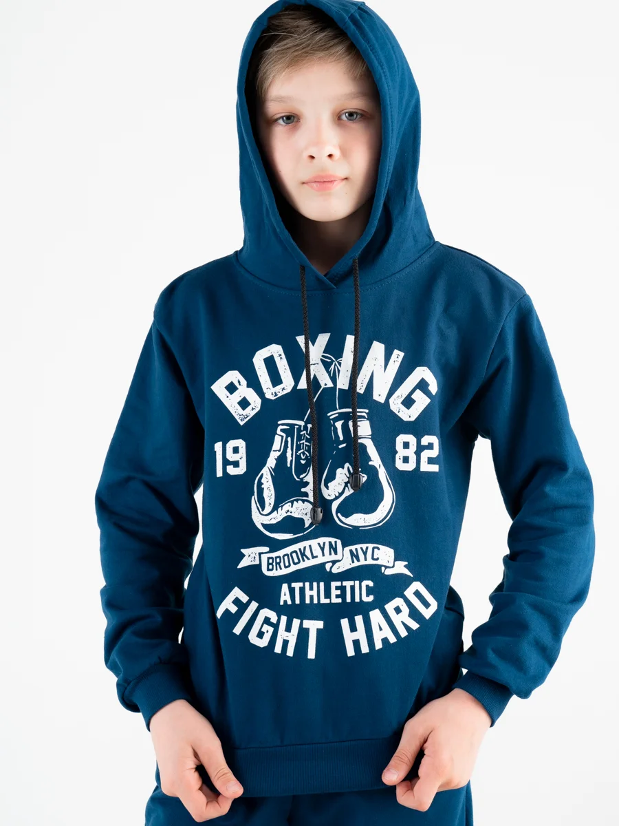 Индиго трикотажный костюм подростковый с капюшоном BOXING
