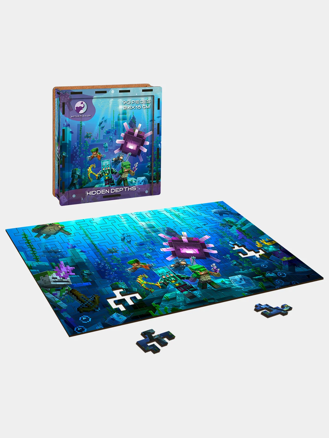 Деревянный фигурный пазл Active Puzzles "Скрытые Глубины Minecraft",24x18 см, 90 деталей