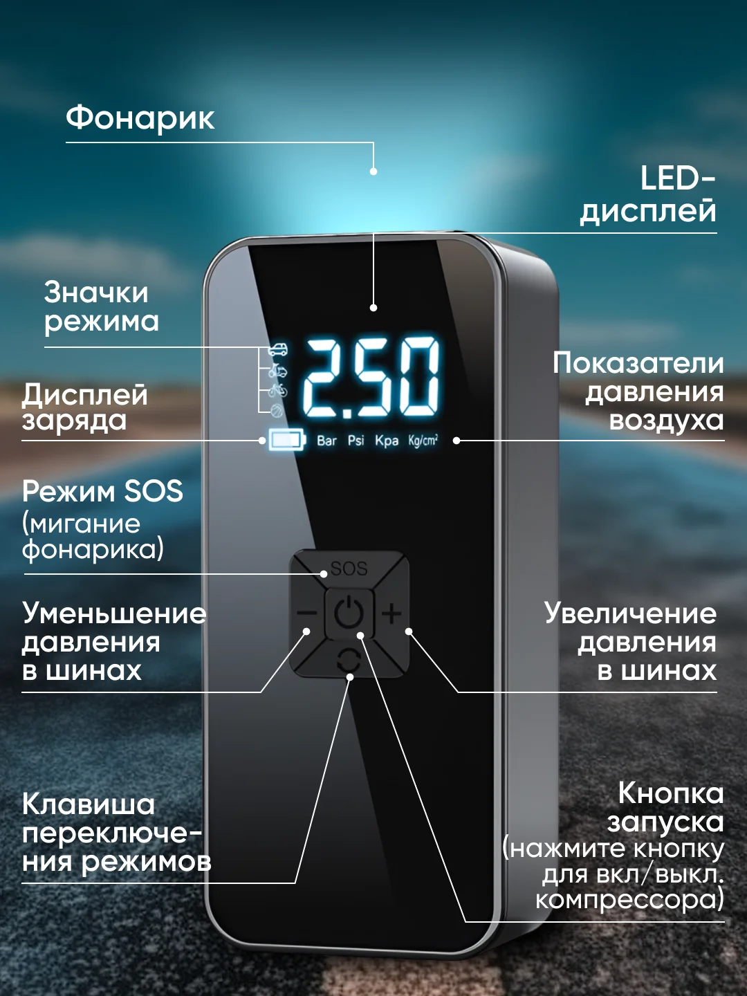 Компрессор автомобильный, портативный беспроводной воздушный насос для велосипеда