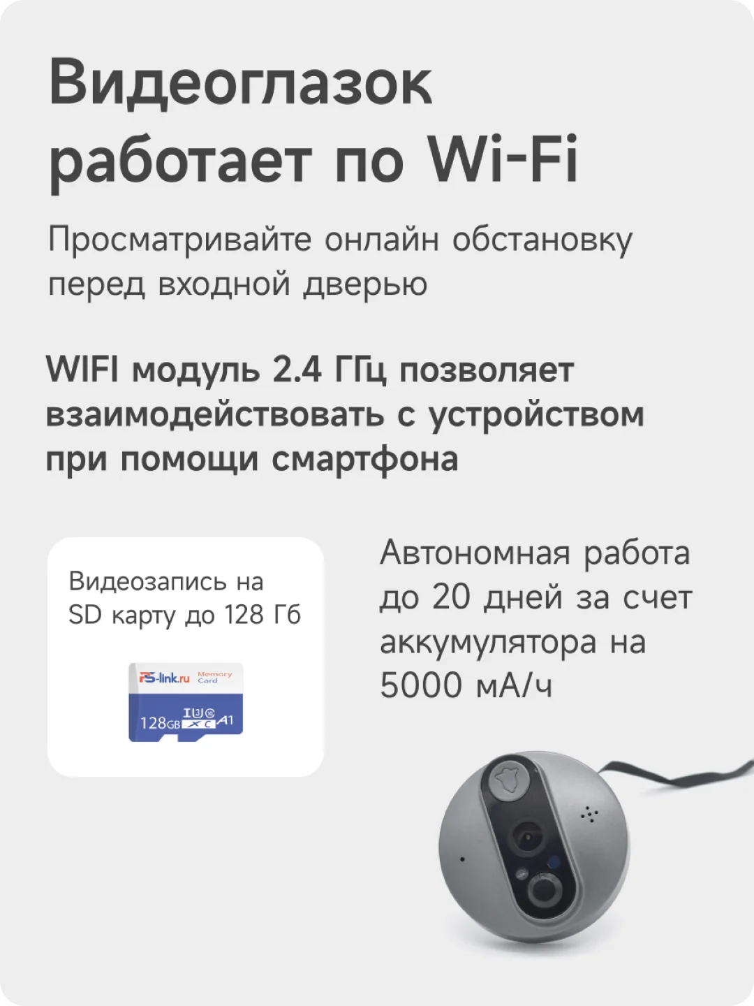 Беспроводной WiFi видеоглазок Ps-link с датчиком движения, записью на SD карту, звонком