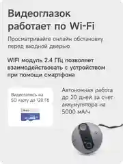 Беспроводной WiFi видеоглазок Ps-link с датчиком движения, записью на SD карту, звонком