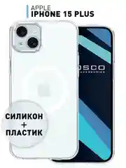 Прозрачный чехол MagSafe для iPhone 15 Pro, Max, Plus пластиковый с силиконом ROSCO и защитой камер