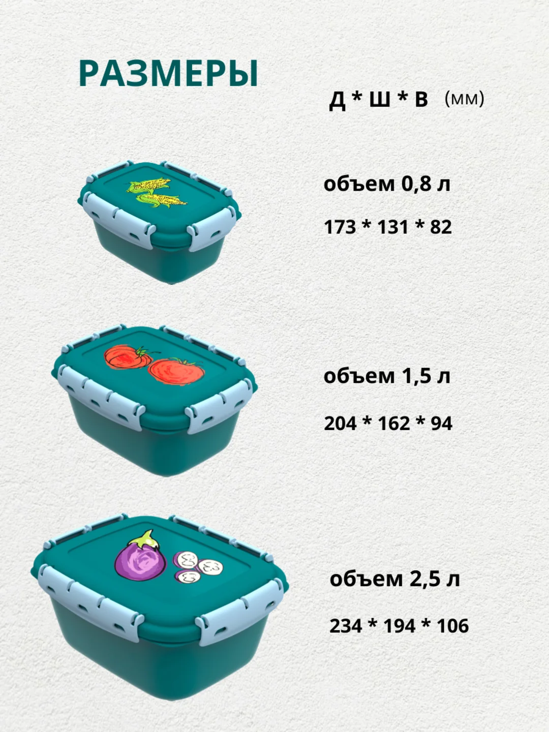 Контейнеры герметичные для еды с защелками набор 3 размера (0,8 л 1,5 л 2,5 л)