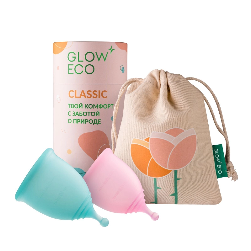 GLOW CARE Менструальные чаши Classic c мешочком, размер S (18 мл) и M (25 мл), 2 шт.