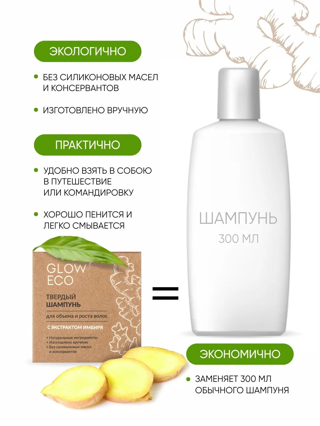 GLOW CARE Твердый шампунь для объема и роста волос с экстрактом имбиря, 1 шт.