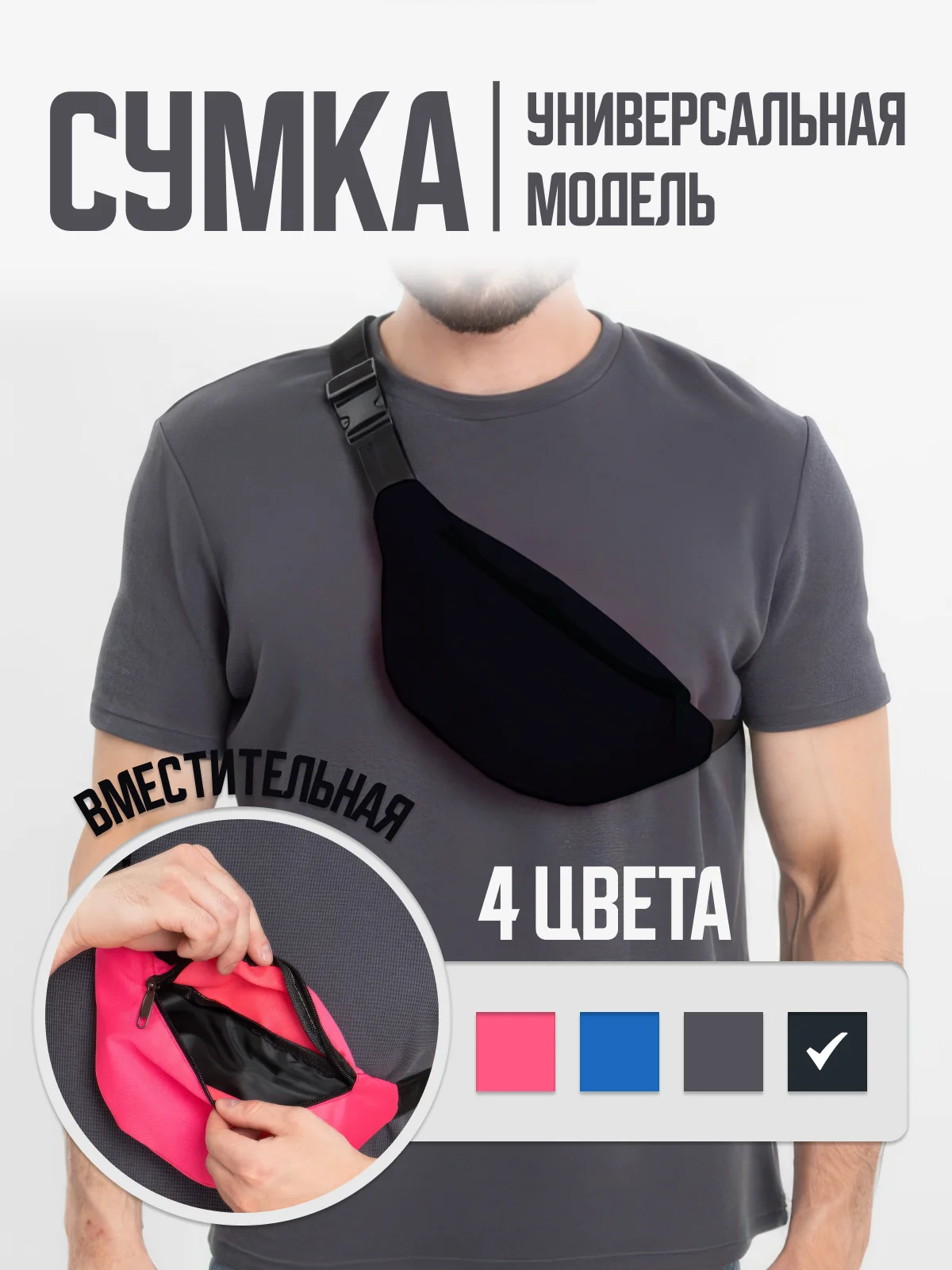 Черный сумка на пояс, спортивная, бананка унисекс, поясная сумка через плечо