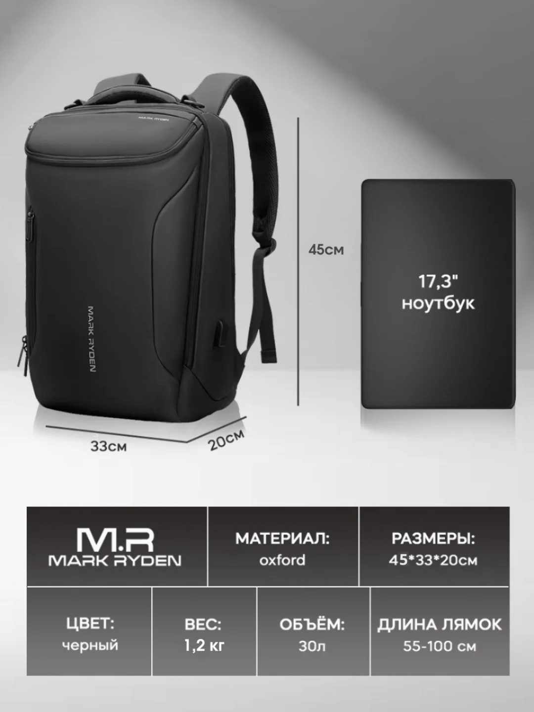 Рюкзак мужской спортивный для ноутбука с USB, для зарядки смартфона, ручная кладь, MARK RYDEN
