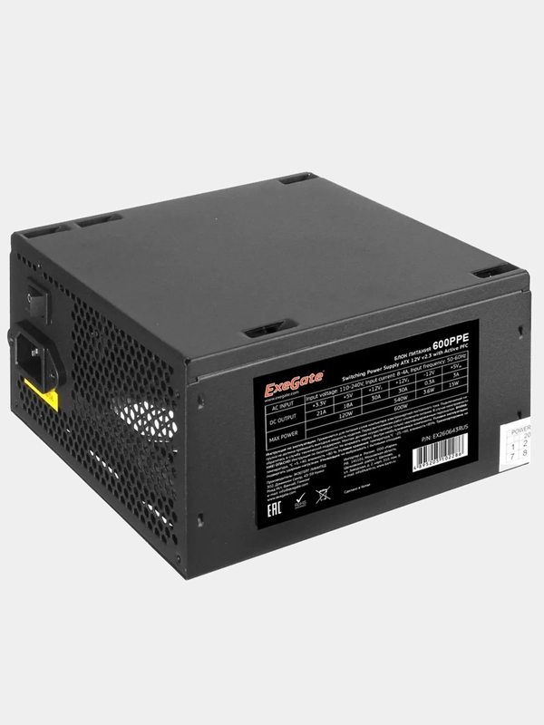 Блок питания 600W Exegate 600PPE, ATX, black, APFC, 12cm, 24p+(4+4)p, PCI-E, 5*SATA, 3*IDE