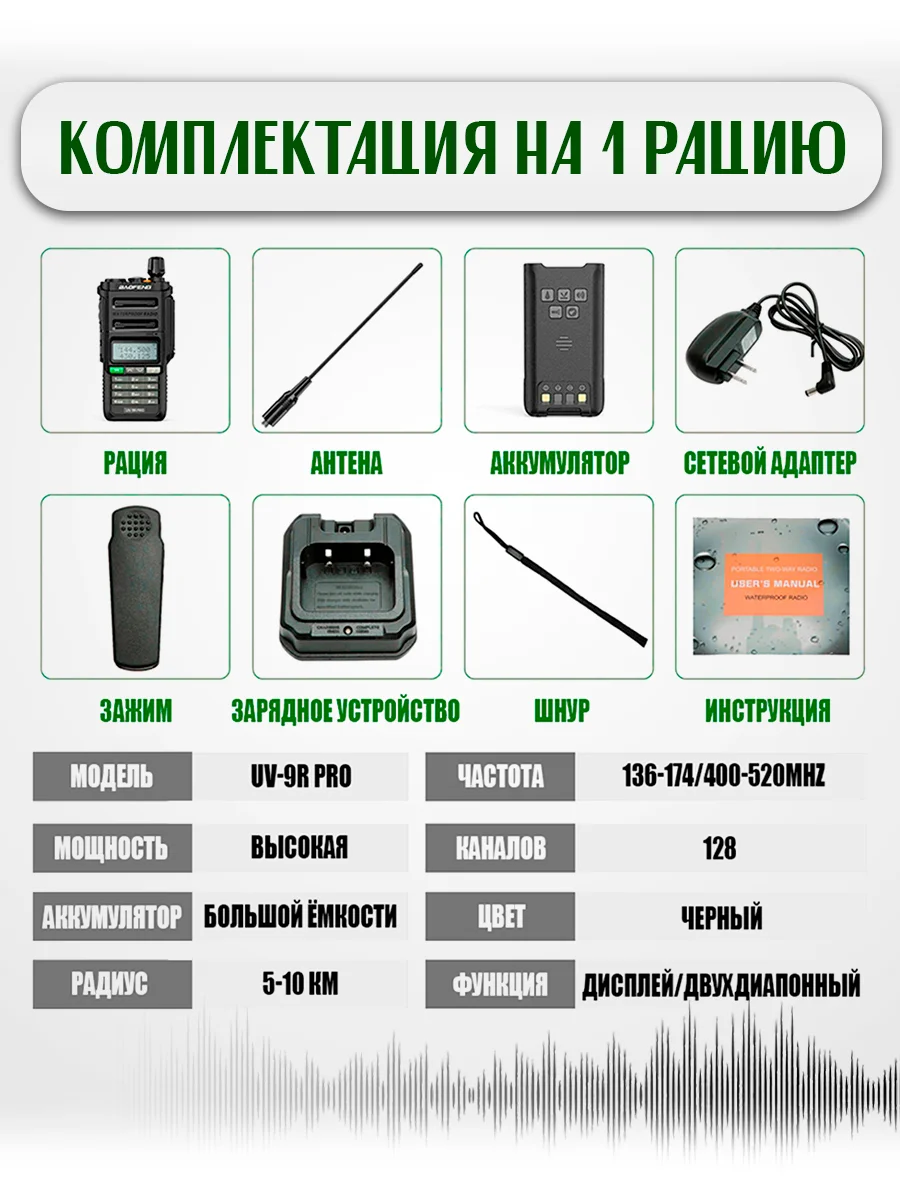 Портативная радиостанция BaofengUV-9R Pro 8 Вт / черная и радиус 10 км / UHF VHF