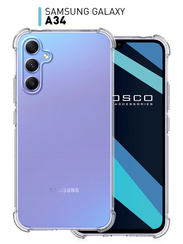 Противоударный чехол для Samsung Galaxy A34 силиконовый ROSCO прозрачный, усиленные углы