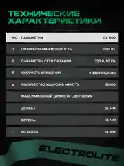 Дрель ударная электрическая ELECTROLITE ДУ 1100 1100 Вт,регулировка оборотов, 52000 уд/мин