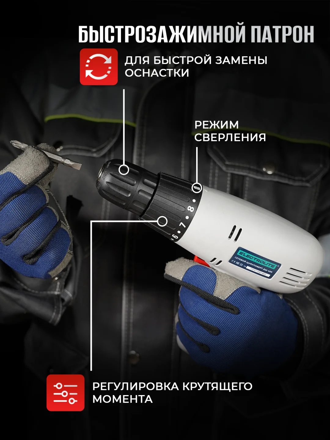 Дрель-шуруповерт сетевая ELECTROLITE ДШ-400 (400 Вт ,30 Нм, от сети)