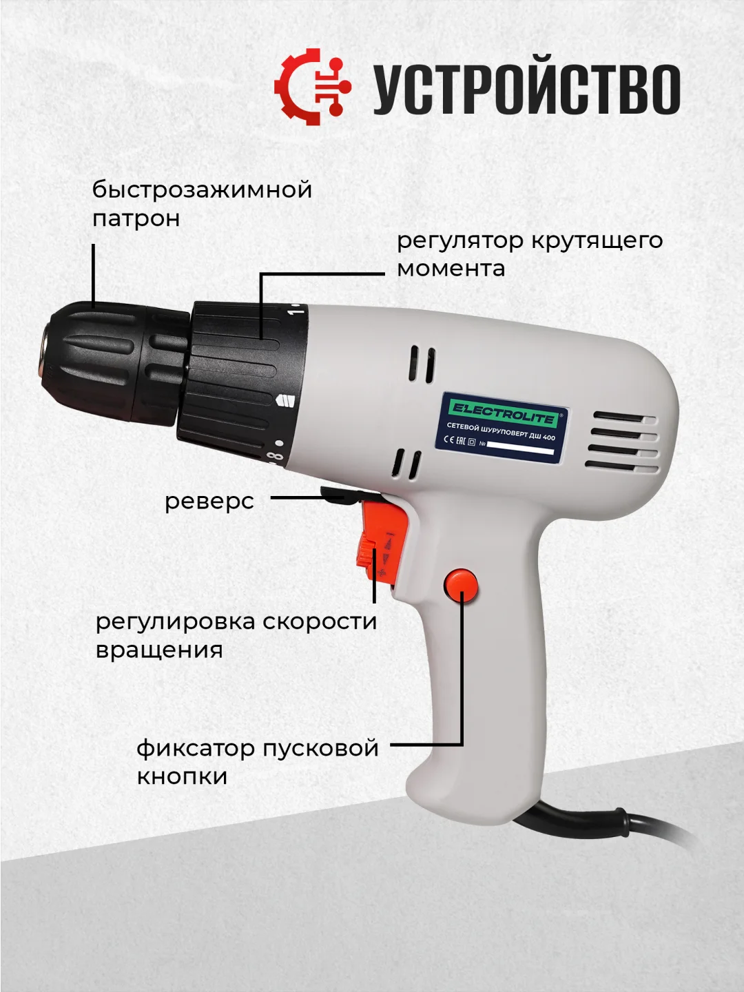 Дрель-шуруповерт сетевая ELECTROLITE ДШ-400 (400 Вт ,30 Нм, от сети)