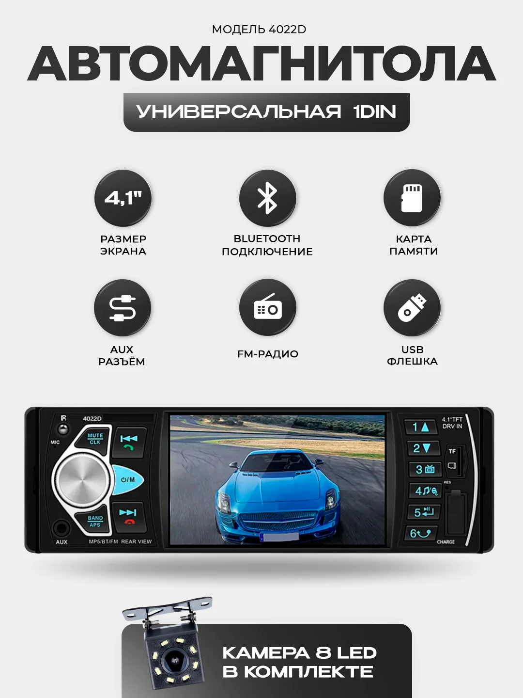 Угольный магнитола 1 DIN с пультом ДУ, экран 4.1", Bluetooth, USB, AUX