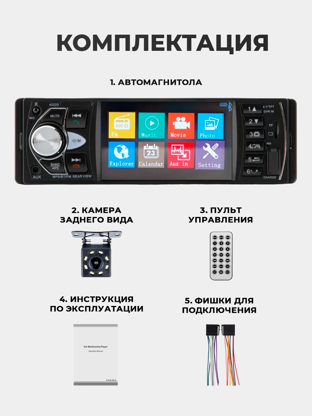 Угольный магнитола 1 DIN с пультом ДУ, экран 4.1", Bluetooth, USB, AUX