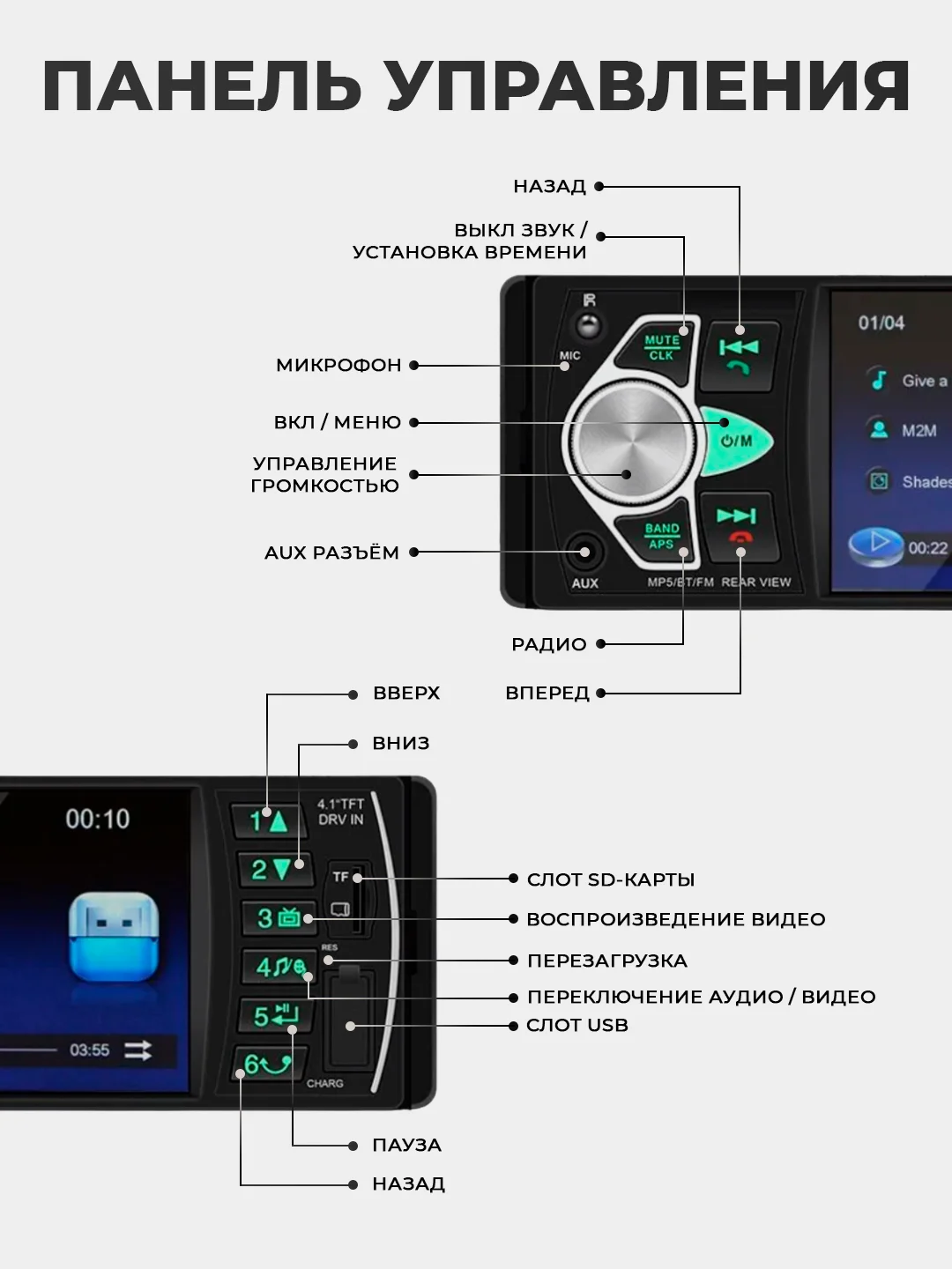 Черный магнитола 1 DIN с пультом ДУ, экран 4.1", Bluetooth, USB, AUX