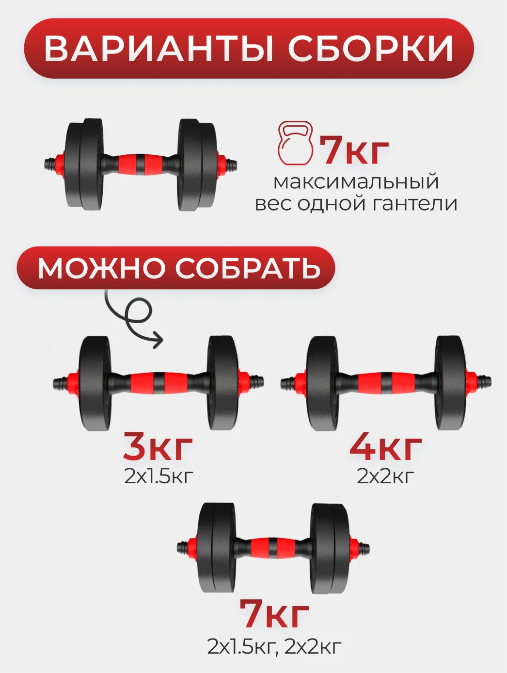 Гантель разборная ATHLETIC, для фитнеса, по 7 кг, 1 штука