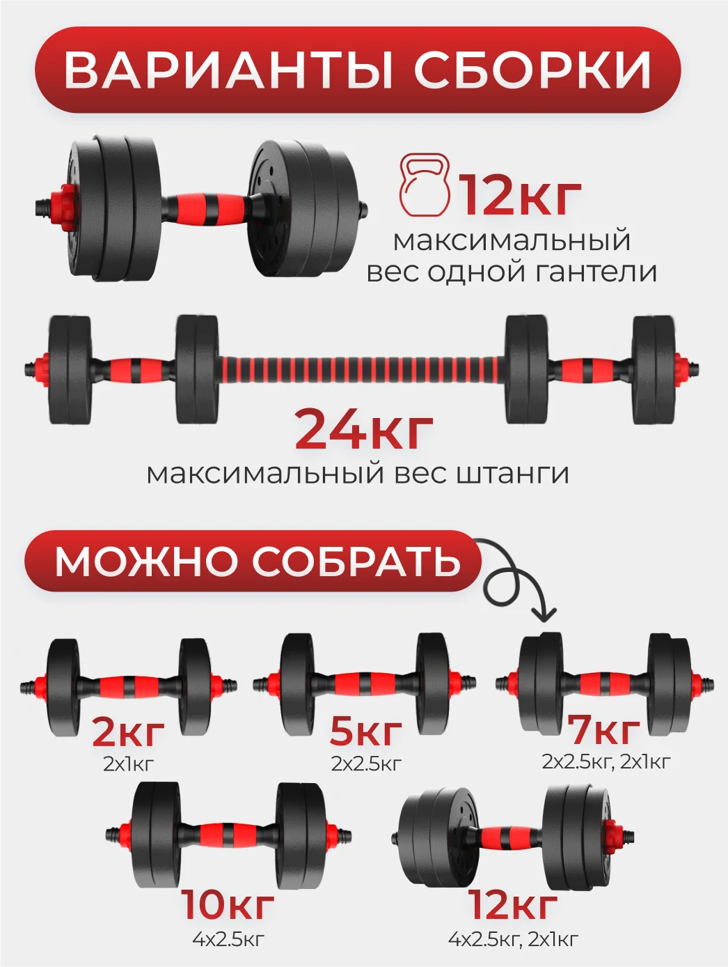 Разборные гантели ATHLETIC, 12 кг, 2 штуки, модель 2