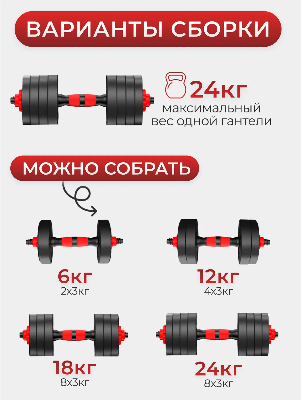 Гантели разборные ATHLETIC, 24 кг, 1 штука
