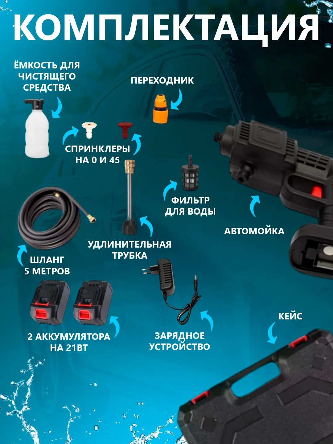 Черный портативная аккумуляторная автомойка, мойка высокого давления
