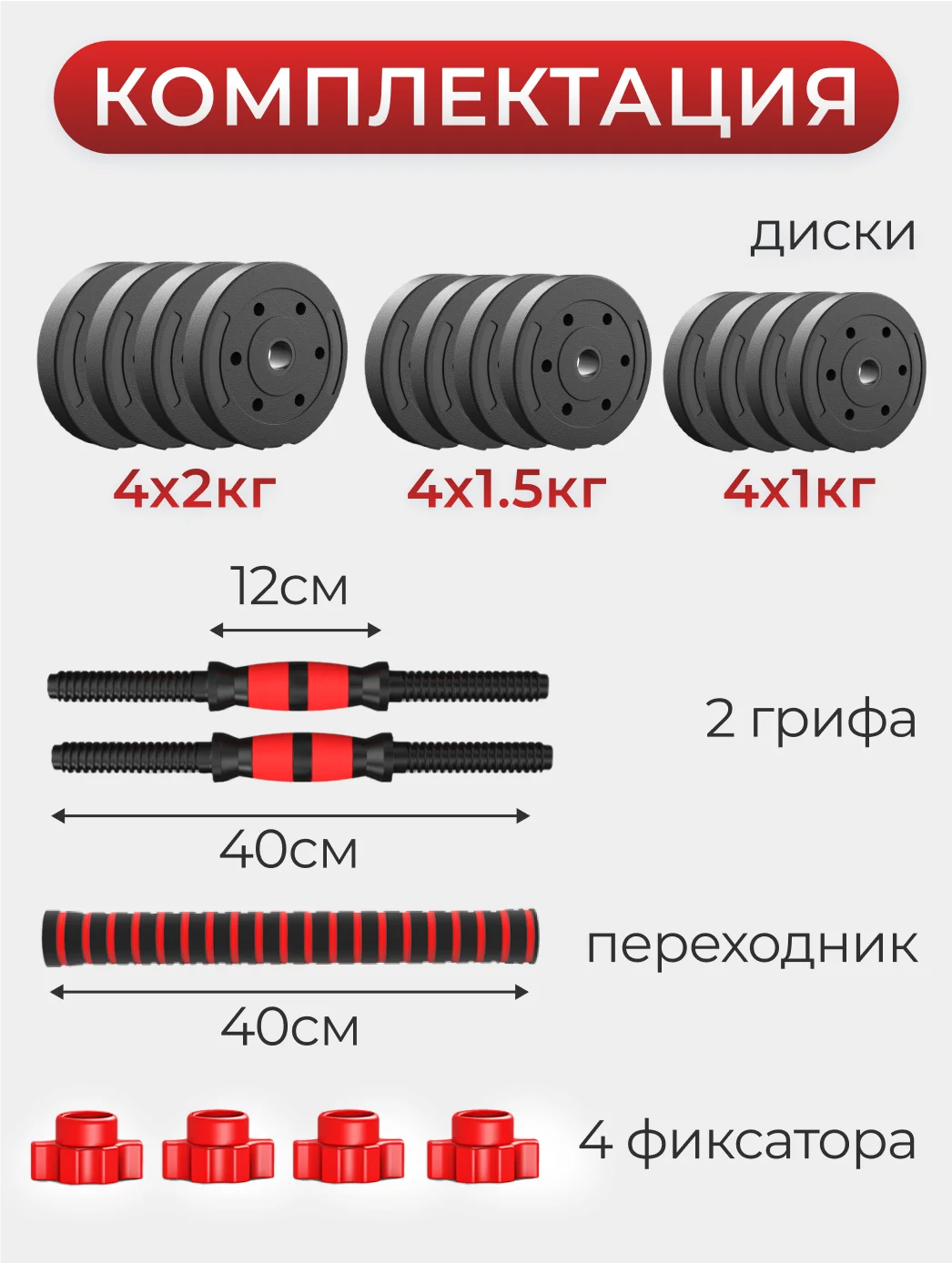 Гантели разборные ATHLETIC, 9,5 кг, 2 штуки, общий вес 18,5 кг