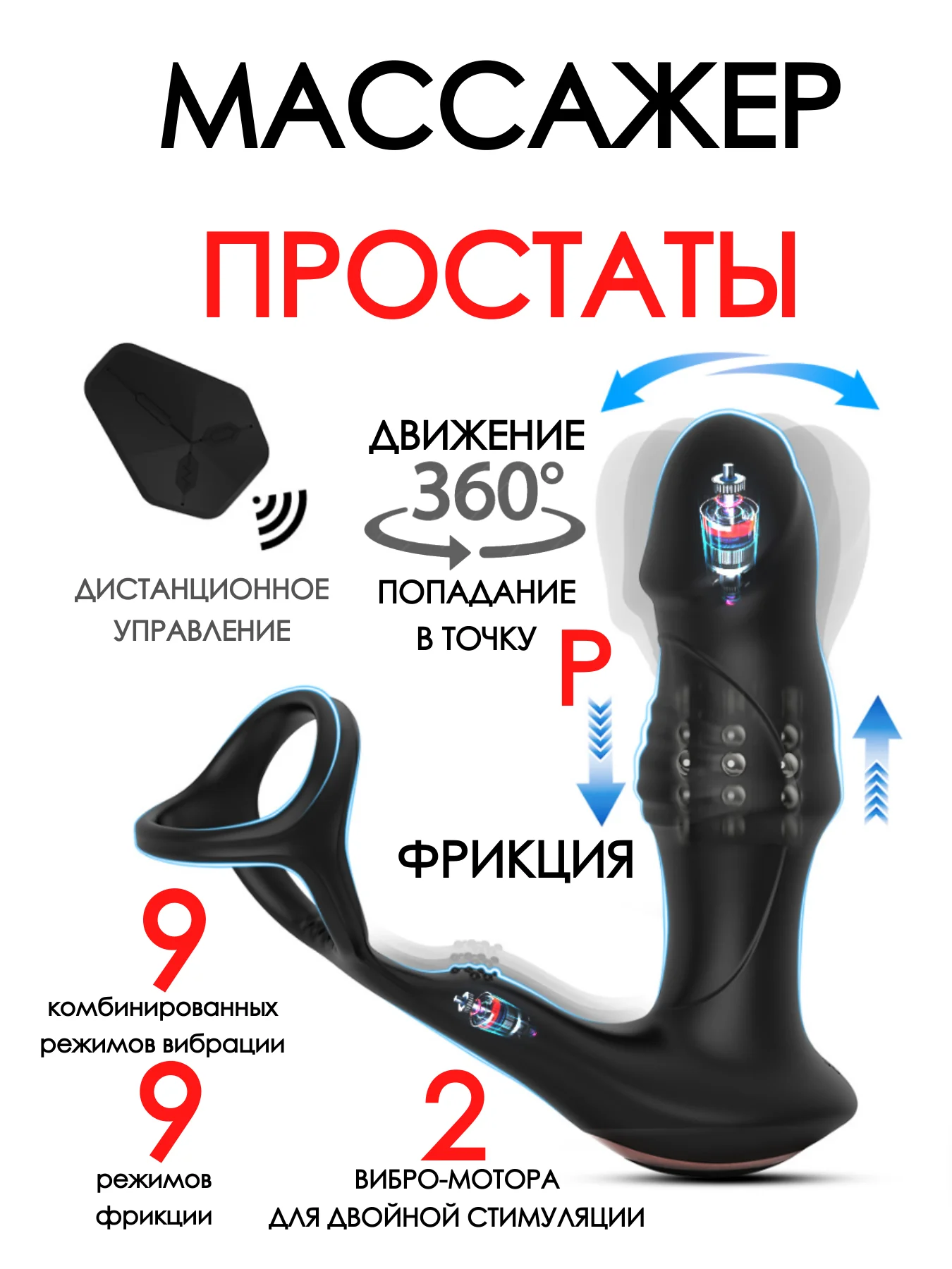 Красный массажер ПРОСТАТЫ с фрикцией вибрацией анальная пробка расширитель распорка анальный душ