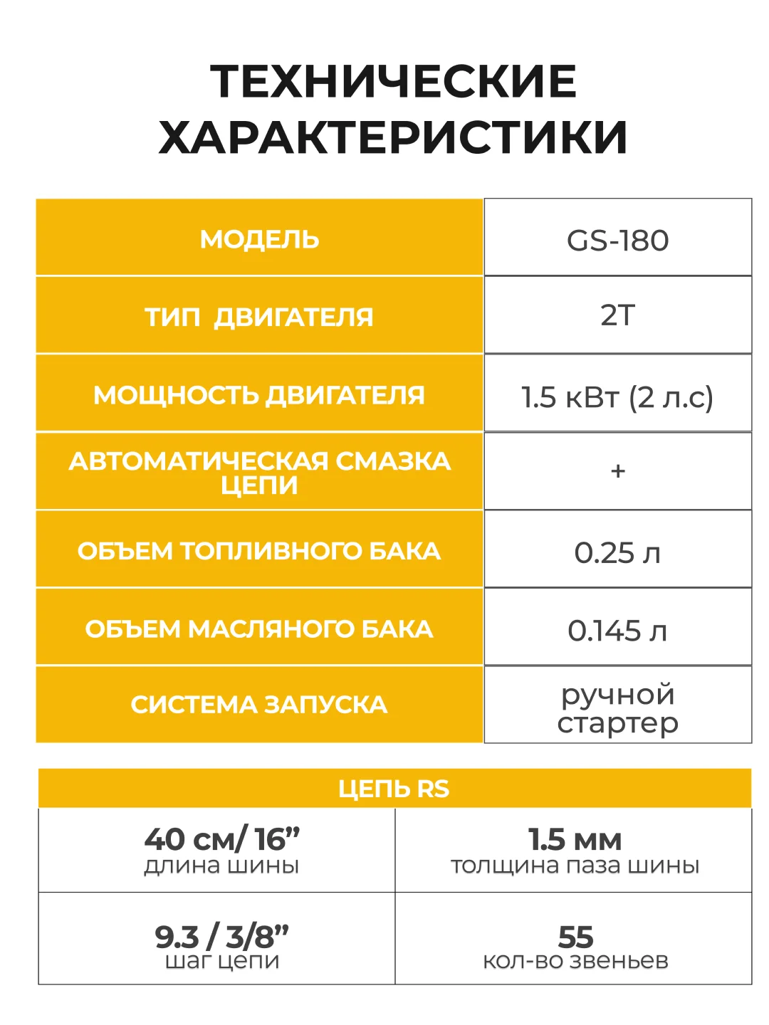 Бензопила цепная Partner for Garden GS 180 1.5 л.с, 2 кВт, 49,3 см3, лёгкий запуск