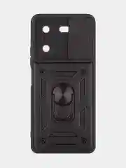 Черный чехол для Tecno Pova 5 противоударный КАРТОФАН пластиковый с кольцом-магнитом и шторкой