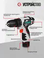 Дрель-шуруповерт аккумуляторная ELECTROLITE Expert 12/2.0М набор инструментов, 22 НМ,2 акб