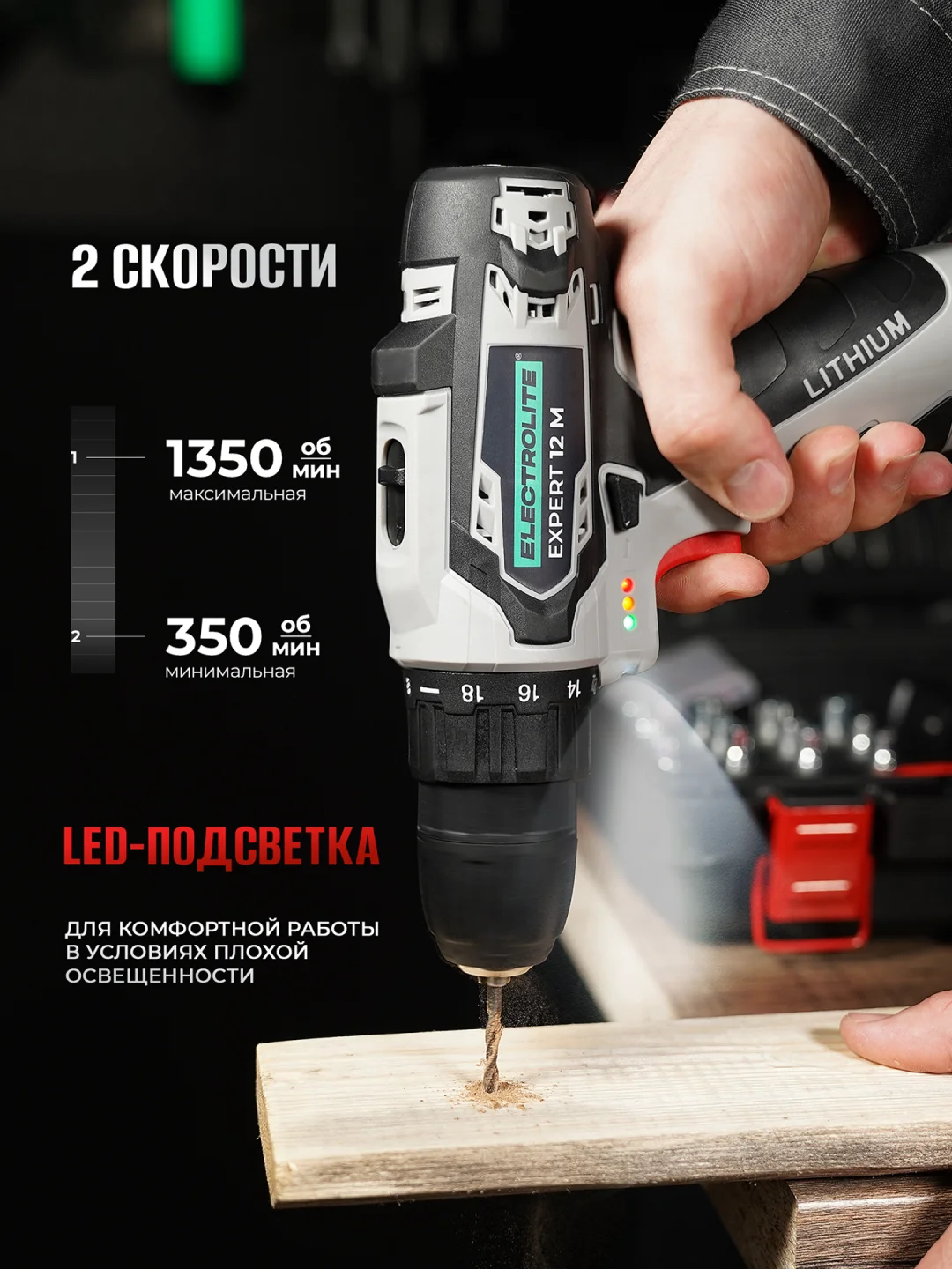 Дрель-шуруповерт аккумуляторная ELECTROLITE Expert 12/2.0М набор инструментов, 22 НМ,2 акб