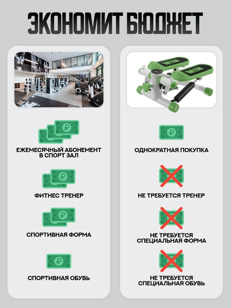 Зеленый степпер тренажер для ног и ягодиц с эспандерами