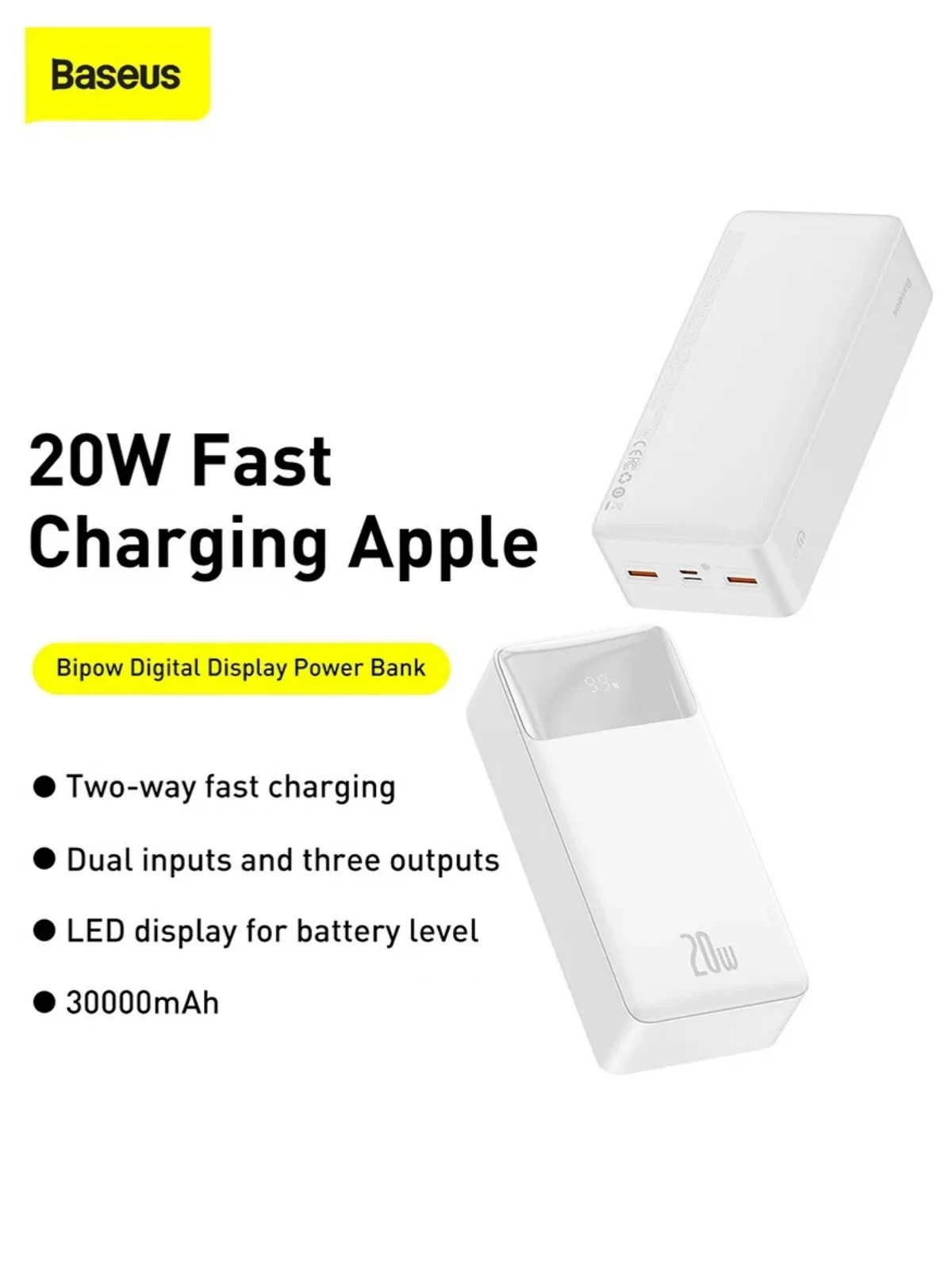 Белый внешний аккумулятор Baseus Bipow Digital Display 20W, 30000mAh, PD / QC Powerbank, PPBD30K
