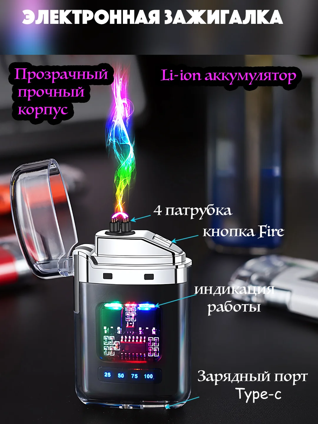 Белый зажигалка электронная, плазменная прозрачная, USB Plazma, дуговая, черная и белая