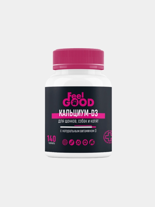 FeelGOOD Кальциум-D3 с натуральным витамином D для щенков, собак и котят (140 табл.)