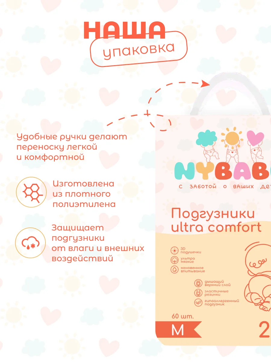 Подгузники NYBABE Ultra Comfort Premium размер M, 6-11 кг, 60 шт