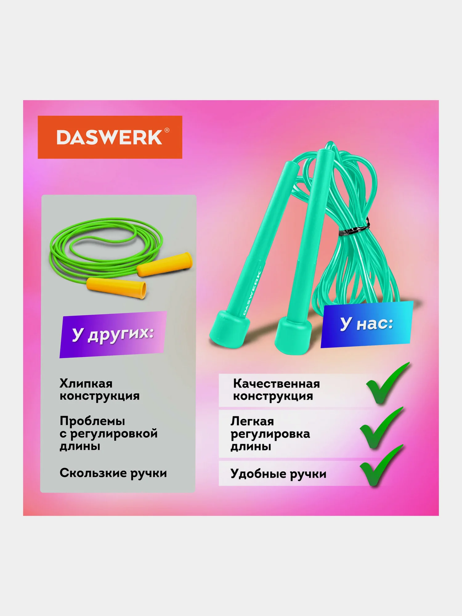 Скакалка спортивная,  гимнастическая 300 см, Пвх, регулируемая длина, зеленая, Daswerk