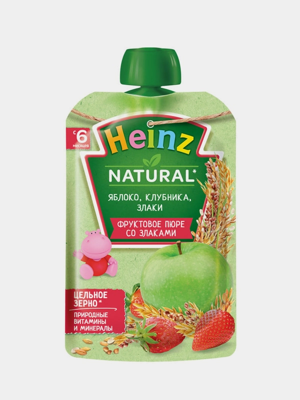 Пюре Heinz, фруктовое, яблоко, клубника, злаки, с 6 месяцев, 12 штук по 90 г