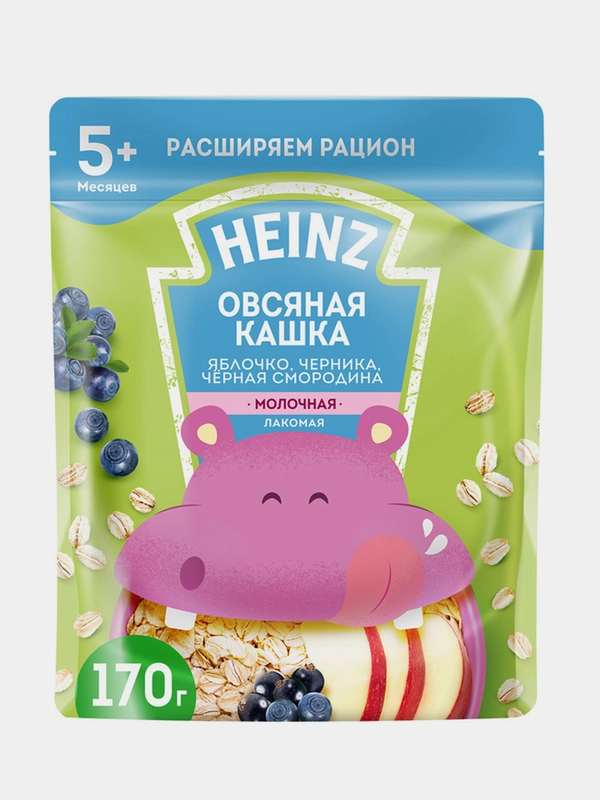 Каша Heinz "Лакомая", овсяная, с яблоком, черникой, черной смородиной, с 5 месяцев, 170 г