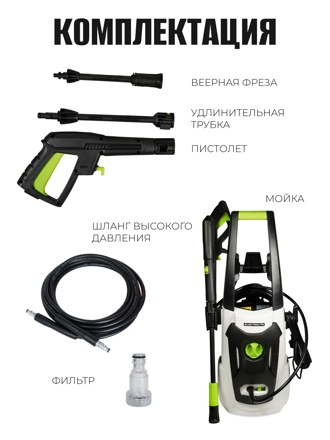 Мойка высокого давления ELECTROLITE 2140 с набором 2100 Вт, 110-140 бар, 420 л/час
