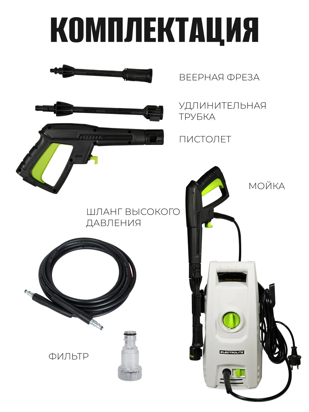 Мойка высокого давления ELECTROLITE АВД 1510 С НАБОРОМ 1500 Вт, 80-110 бар, 390 л/час